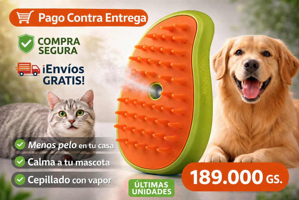 Cepillo Vaporizador 3 en 1 para Mascotas  Elimina Pelo y Relaja en Minutos